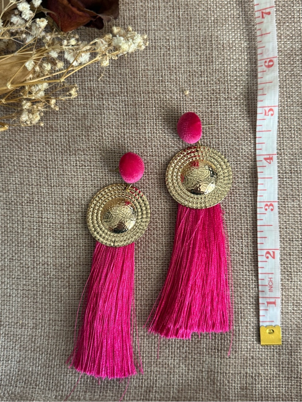 Hot Pink Tassel Earrings with Gold Medallions - Women Jewelry